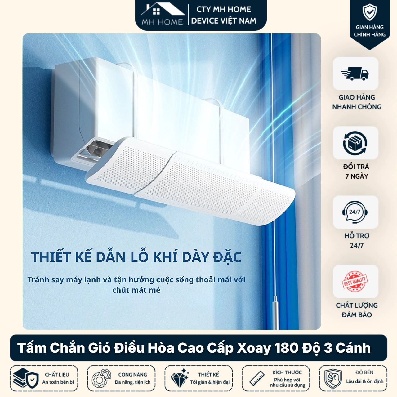Tấm Chắn Gió Điều Hòa 3 Cánh Xoay 180° Điều Chỉnh Kích Thước Chống Thổi Trực Tiếp Cao Cấp | MH Home